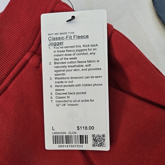 Lululemon Classic Fit Fleece Jogger CLCN College Crimson Pants Men's Size Large - Picture 9 of 9